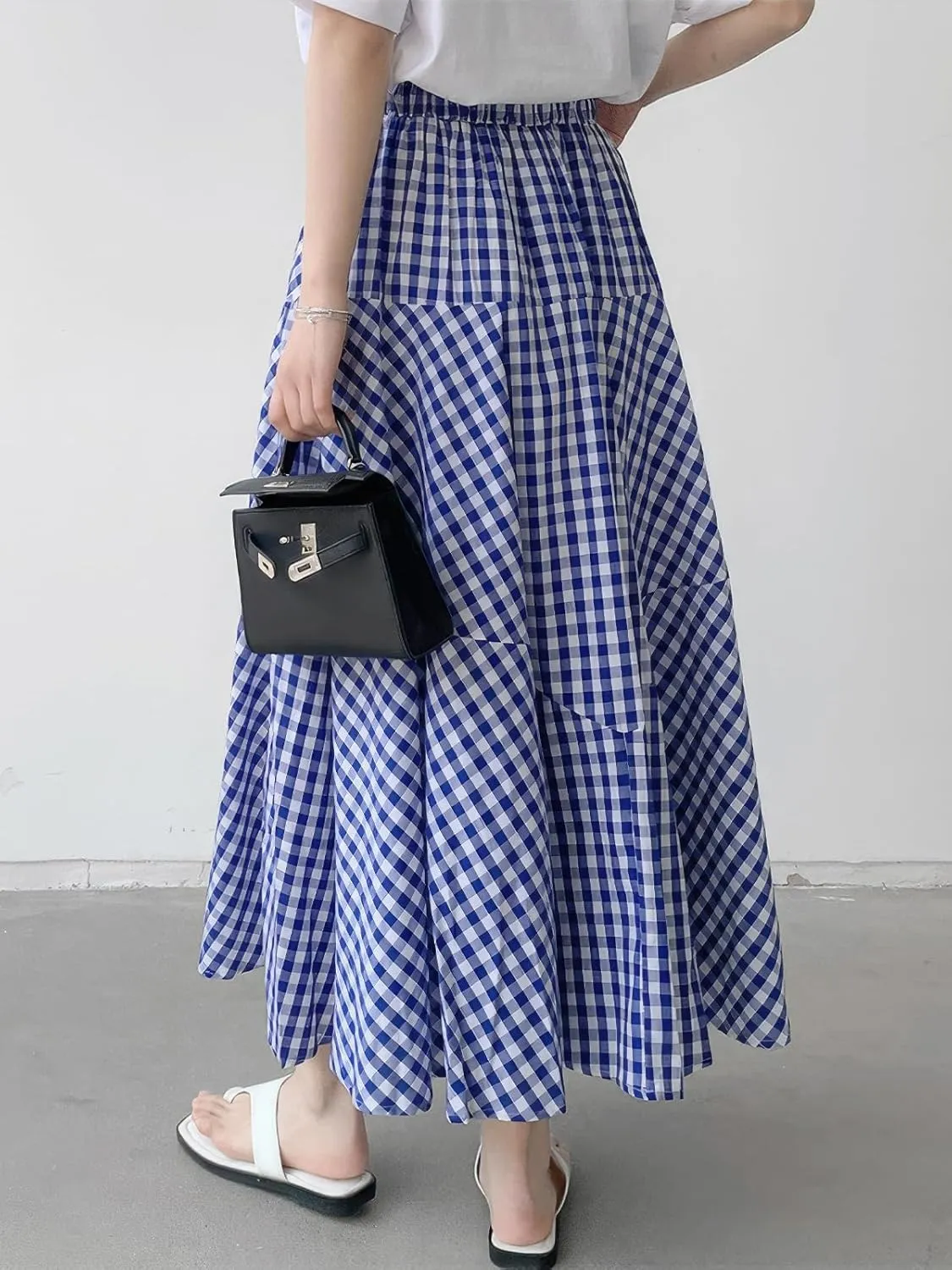 ebossy Women's Casual Retro Plaid A-Line Swing Boho Skirts Elastic Waist Flared Gingham Long Skirts