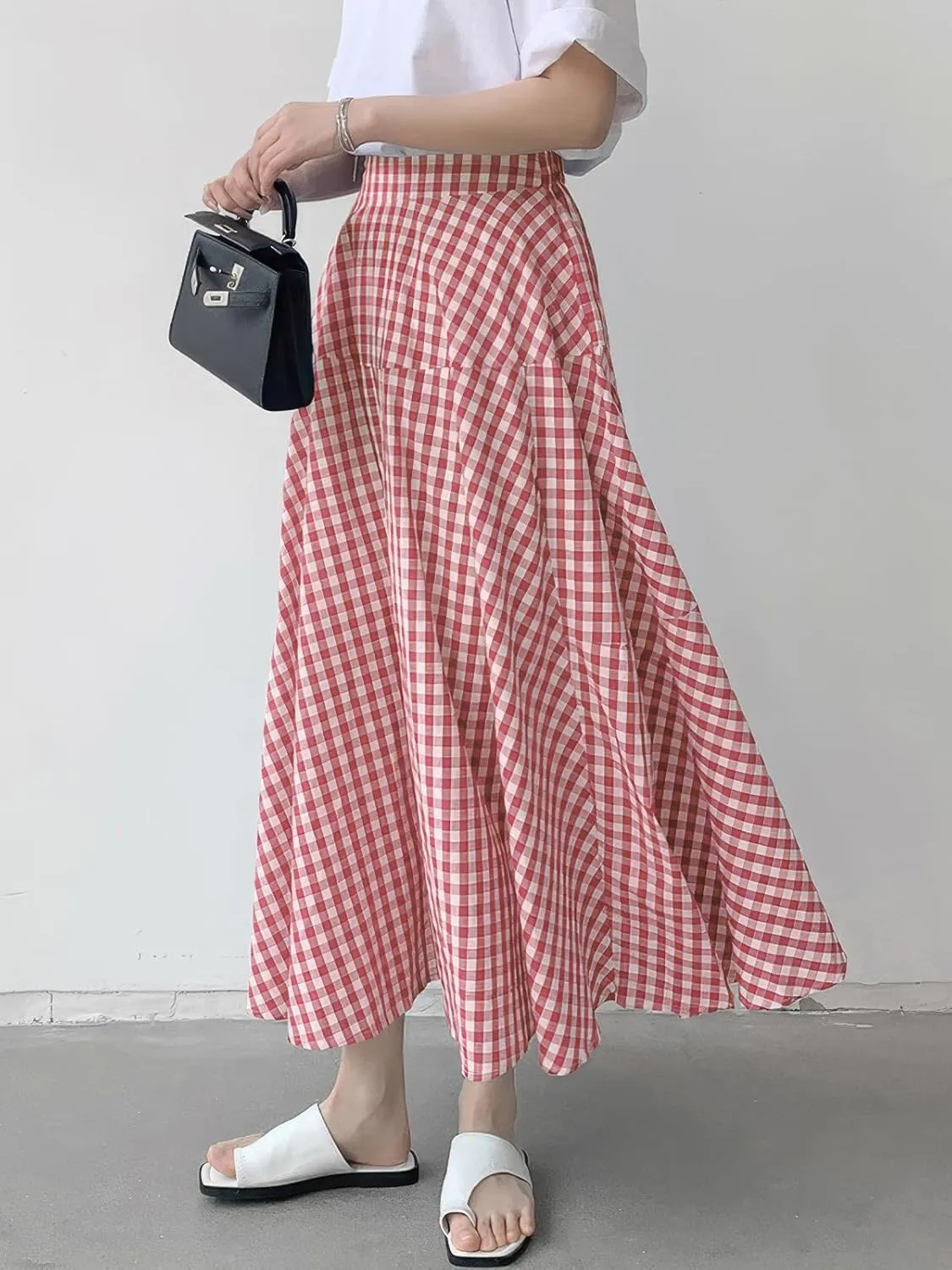 ebossy Women's Casual Retro Plaid A-Line Swing Boho Skirts Elastic Waist Flared Gingham Long Skirts