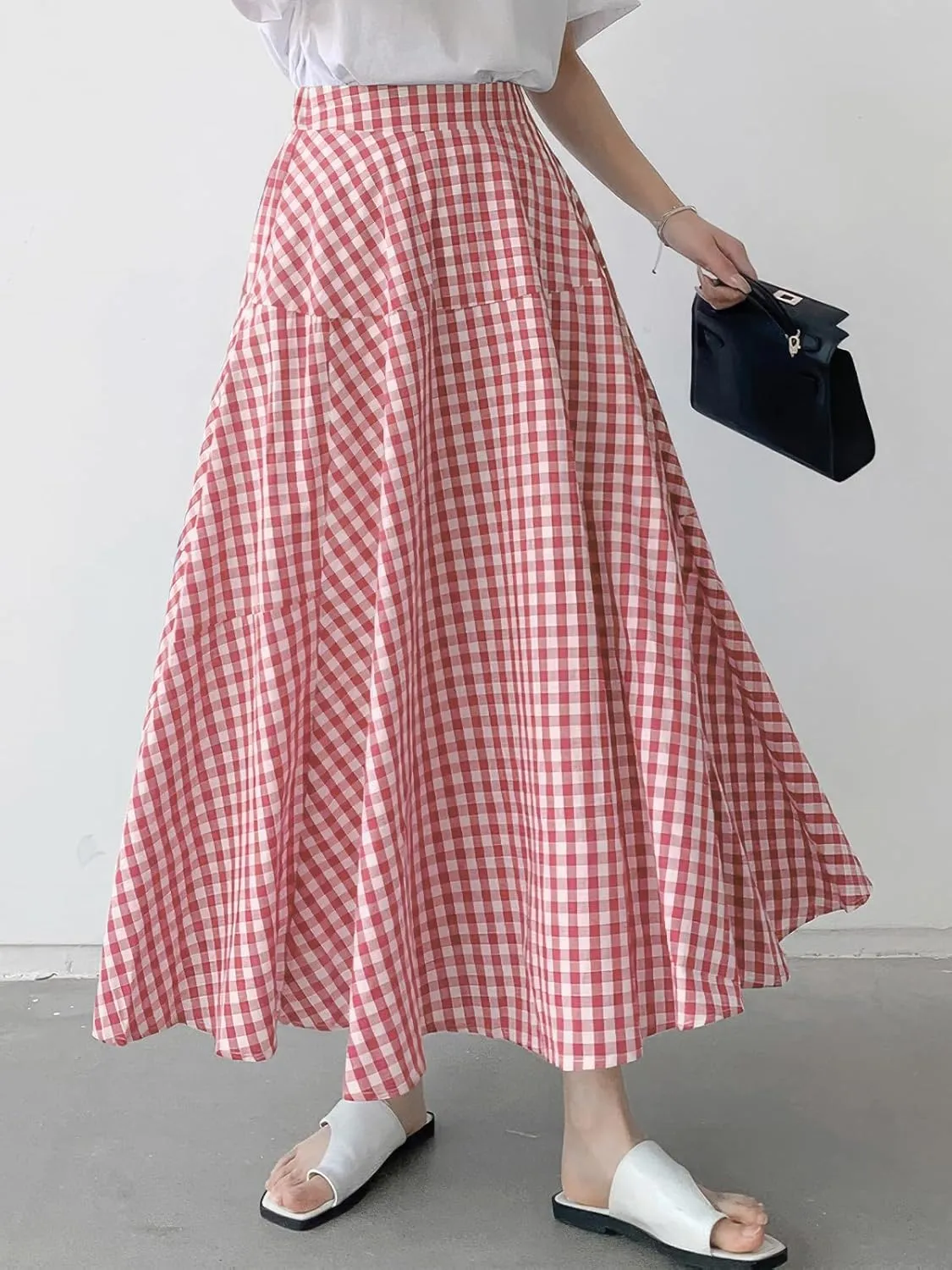 ebossy Women's Casual Retro Plaid A-Line Swing Boho Skirts Elastic Waist Flared Gingham Long Skirts