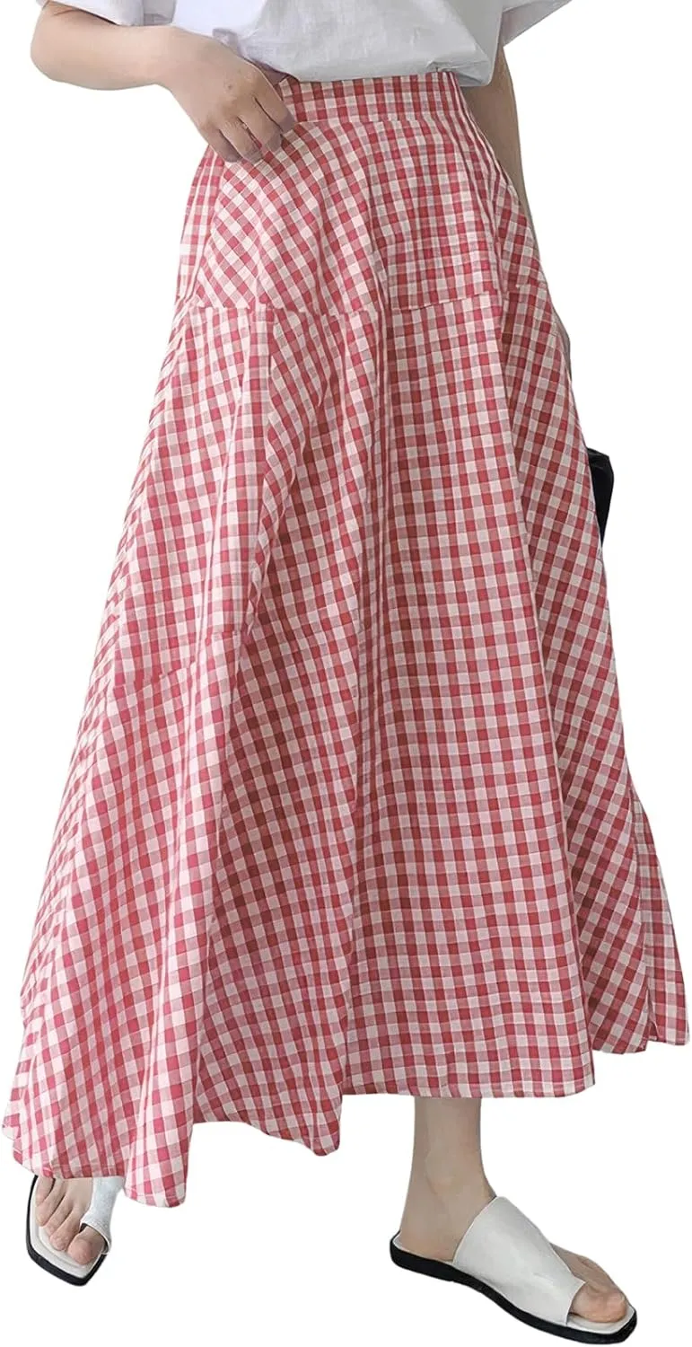 ebossy Women's Casual Retro Plaid A-Line Swing Boho Skirts Elastic Waist Flared Gingham Long Skirts