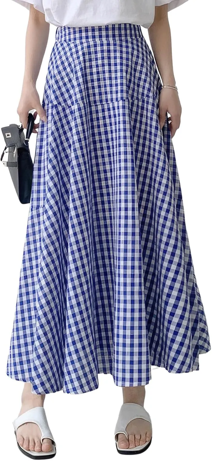 ebossy Women's Casual Retro Plaid A-Line Swing Boho Skirts Elastic Waist Flared Gingham Long Skirts