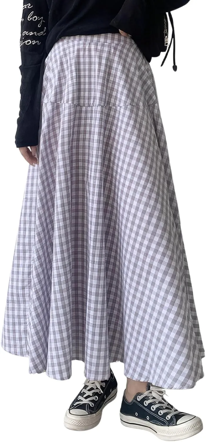ebossy Women's Casual Retro Plaid A-Line Swing Boho Skirts Elastic Waist Flared Gingham Long Skirts