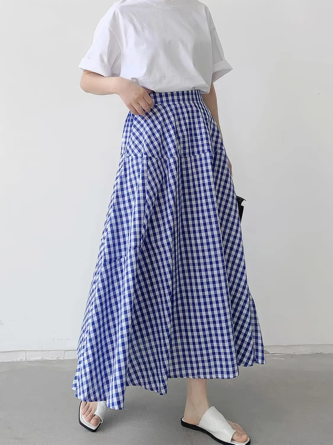 ebossy Women's Casual Retro Plaid A-Line Swing Boho Skirts Elastic Waist Flared Gingham Long Skirts