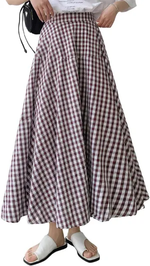 ebossy Women's Casual Retro Plaid A-Line Swing Boho Skirts Elastic Waist Flared Gingham Long Skirts