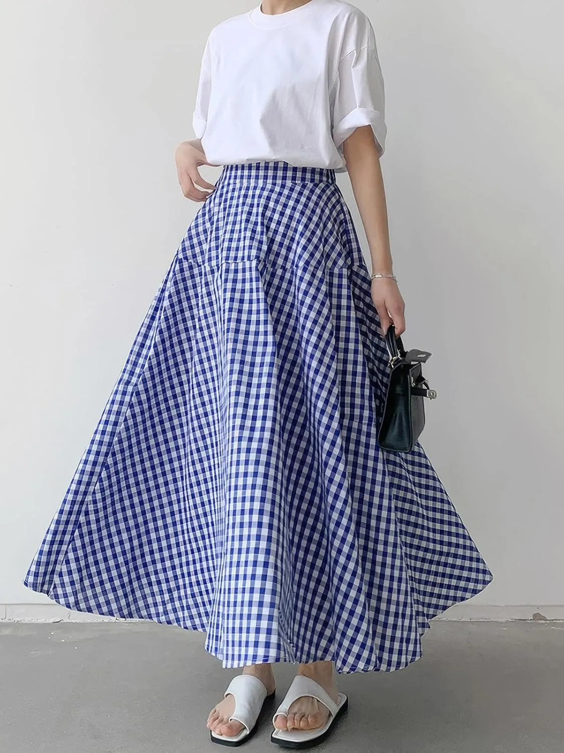 ebossy Women's Casual Retro Plaid A-Line Swing Boho Skirts Elastic Waist Flared Gingham Long Skirts