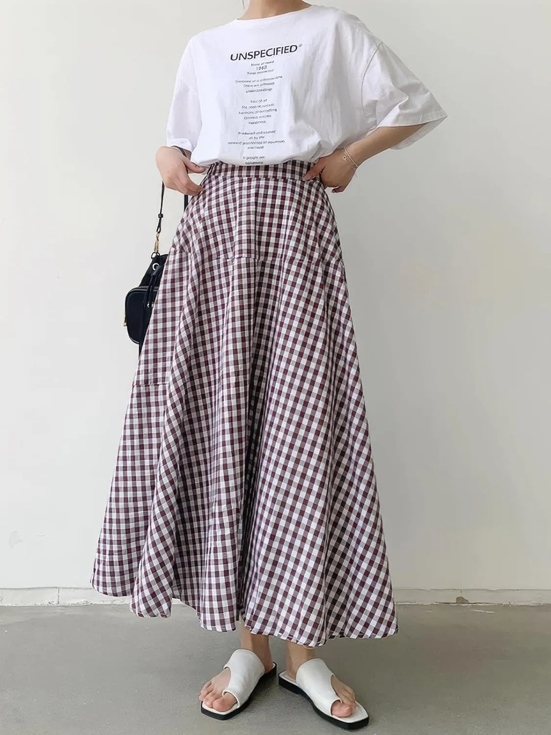 ebossy Women's Casual Retro Plaid A-Line Swing Boho Skirts Elastic Waist Flared Gingham Long Skirts