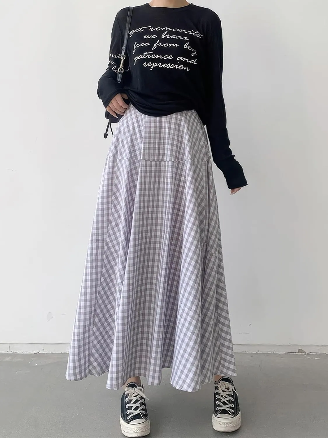 ebossy Women's Casual Retro Plaid A-Line Swing Boho Skirts Elastic Waist Flared Gingham Long Skirts