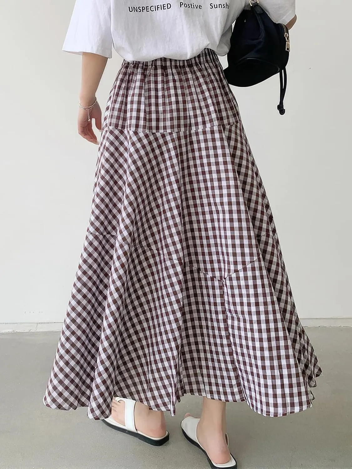 ebossy Women's Casual Retro Plaid A-Line Swing Boho Skirts Elastic Waist Flared Gingham Long Skirts