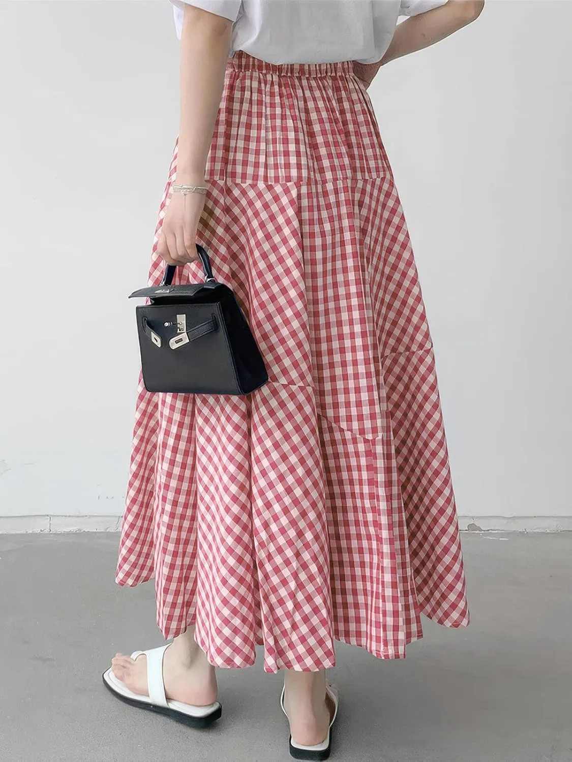 ebossy Women's Casual Retro Plaid A-Line Swing Boho Skirts Elastic Waist Flared Gingham Long Skirts