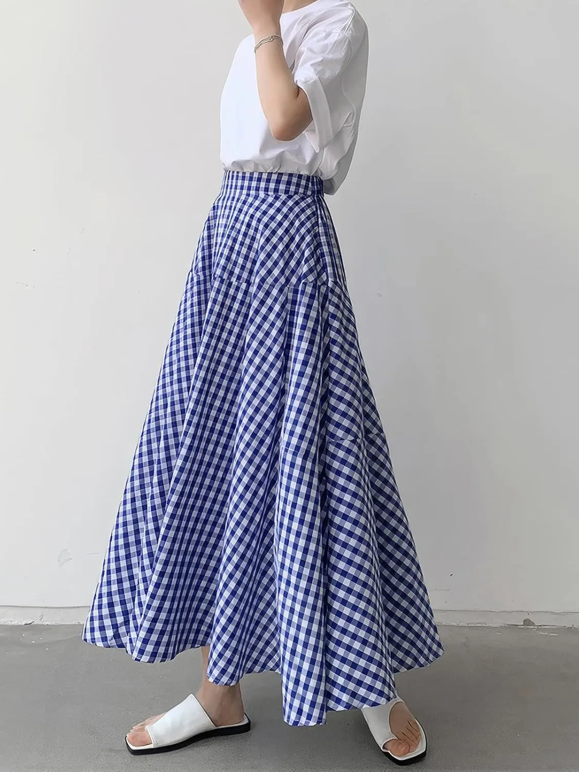 ebossy Women's Casual Retro Plaid A-Line Swing Boho Skirts Elastic Waist Flared Gingham Long Skirts