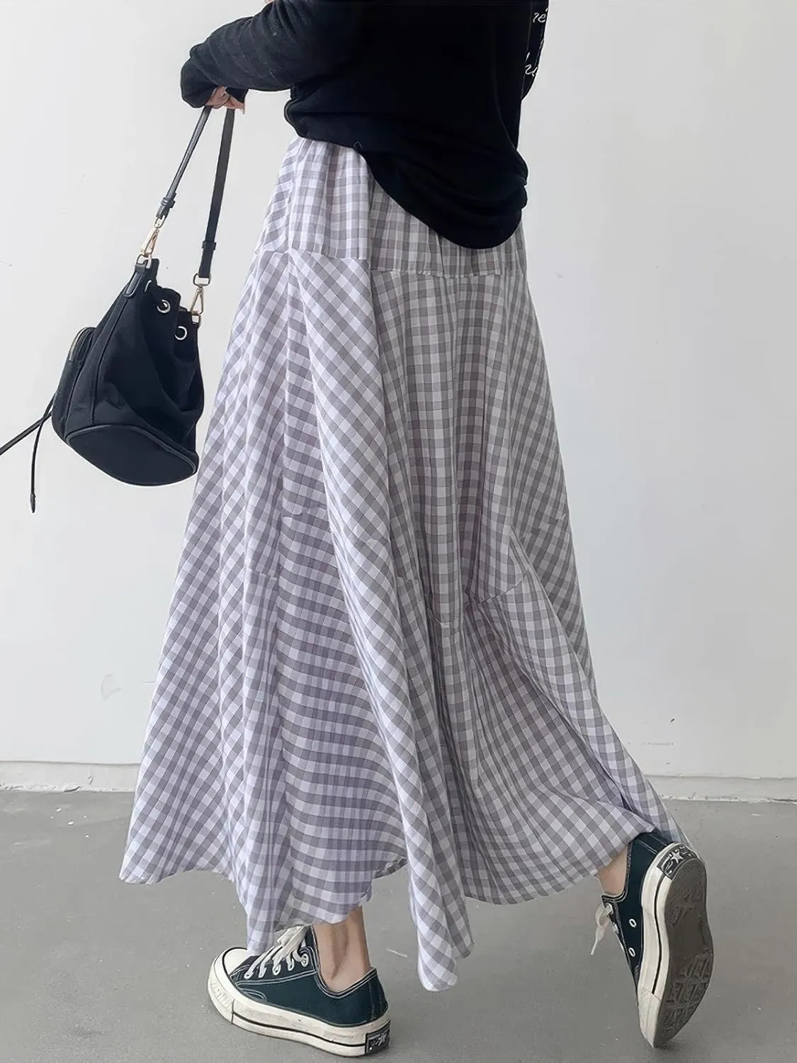 ebossy Women's Casual Retro Plaid A-Line Swing Boho Skirts Elastic Waist Flared Gingham Long Skirts