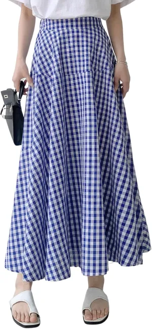 ebossy Women's Casual Retro Plaid A-Line Swing Boho Skirts Elastic Waist Flared Gingham Long Skirts