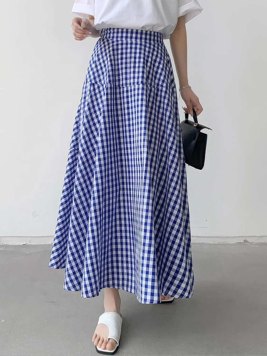 ebossy Women's Casual Retro Plaid A-Line Swing Boho Skirts Elastic Waist Flared Gingham Long Skirts
