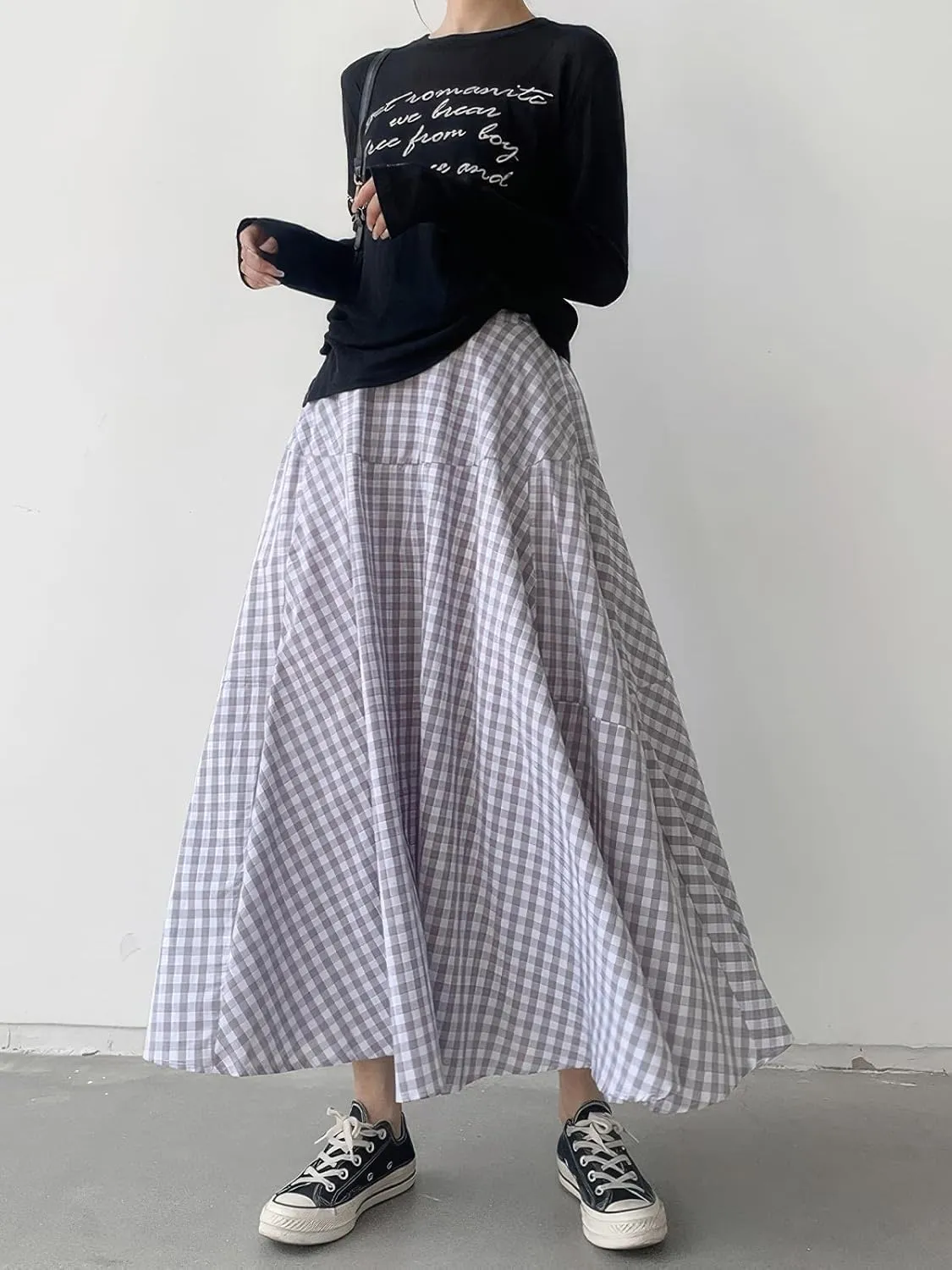 ebossy Women's Casual Retro Plaid A-Line Swing Boho Skirts Elastic Waist Flared Gingham Long Skirts