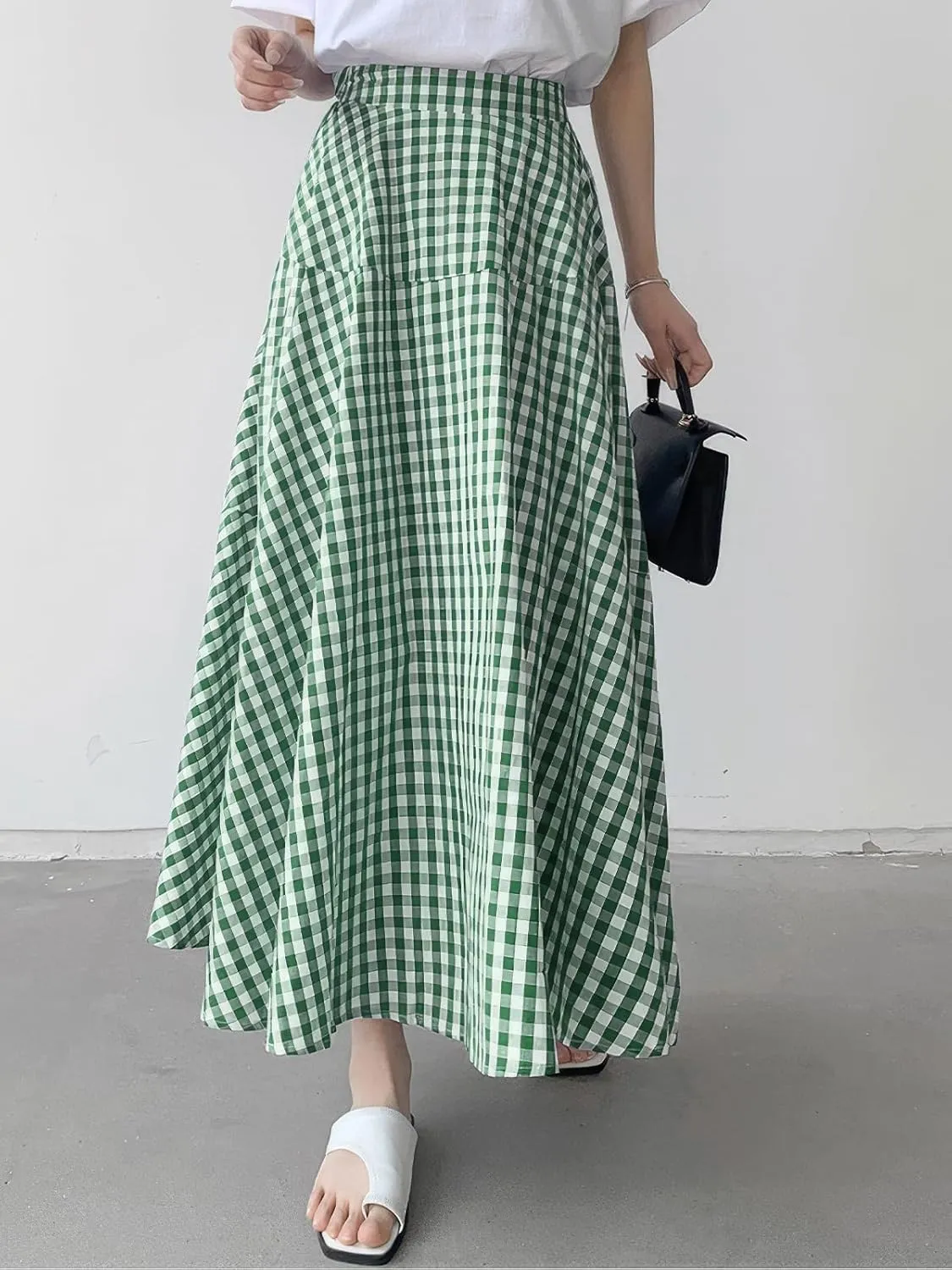 ebossy Women's Casual Retro Plaid A-Line Swing Boho Skirts Elastic Waist Flared Gingham Long Skirts