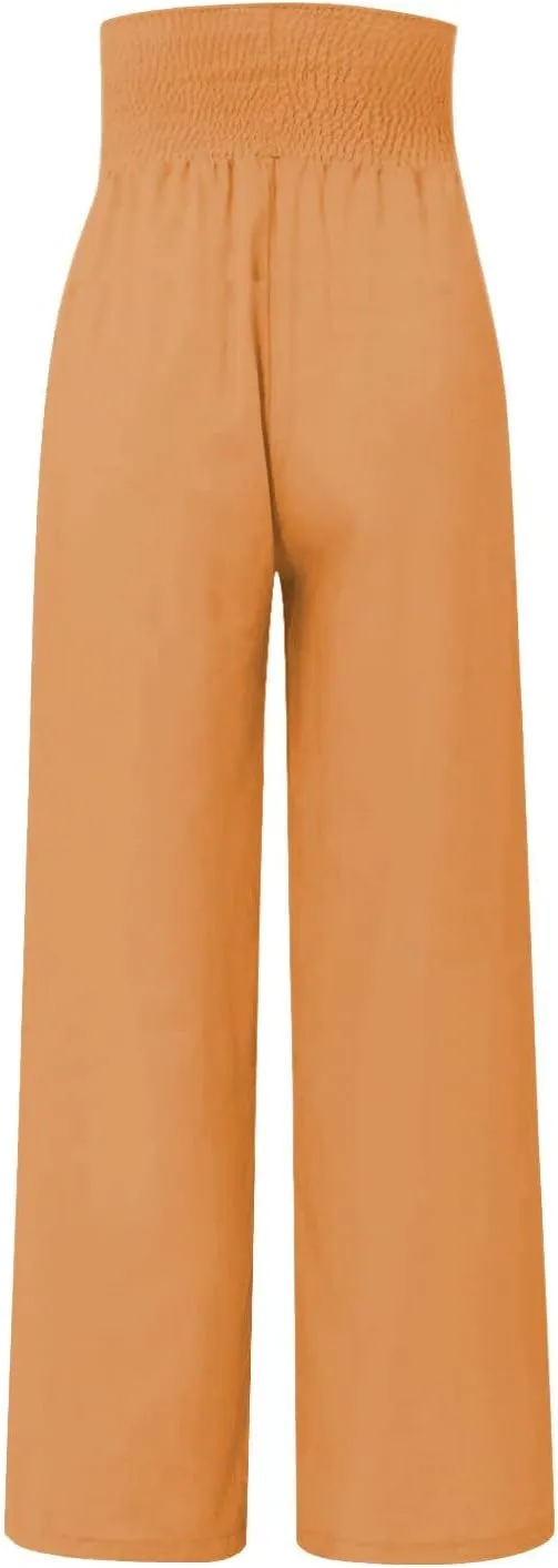 Elastic Waist Linen Pants Women Summer Smocked High Waisted Wide Leg Pants Office Pull On Work Trousers with Pockets