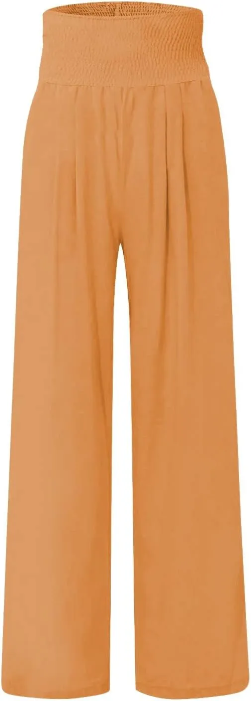 Elastic Waist Linen Pants Women Summer Smocked High Waisted Wide Leg Pants Office Pull On Work Trousers with Pockets