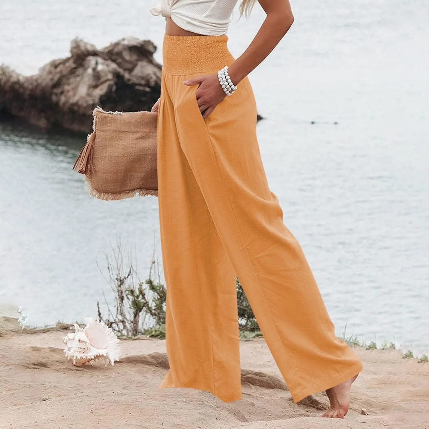 Elastic Waist Linen Pants Women Summer Smocked High Waisted Wide Leg Pants Office Pull On Work Trousers with Pockets