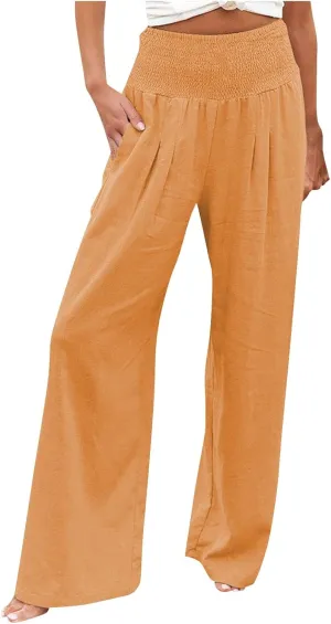 Elastic Waist Linen Pants Women Summer Smocked High Waisted Wide Leg Pants Office Pull On Work Trousers with Pockets