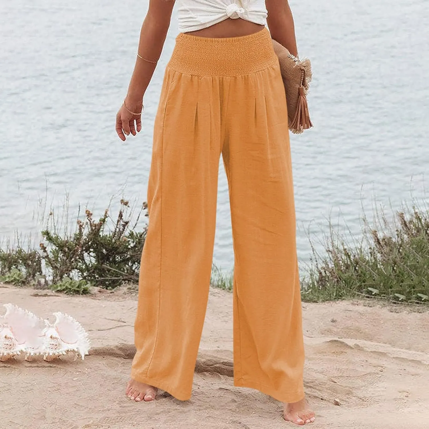 Elastic Waist Linen Pants Women Summer Smocked High Waisted Wide Leg Pants Office Pull On Work Trousers with Pockets