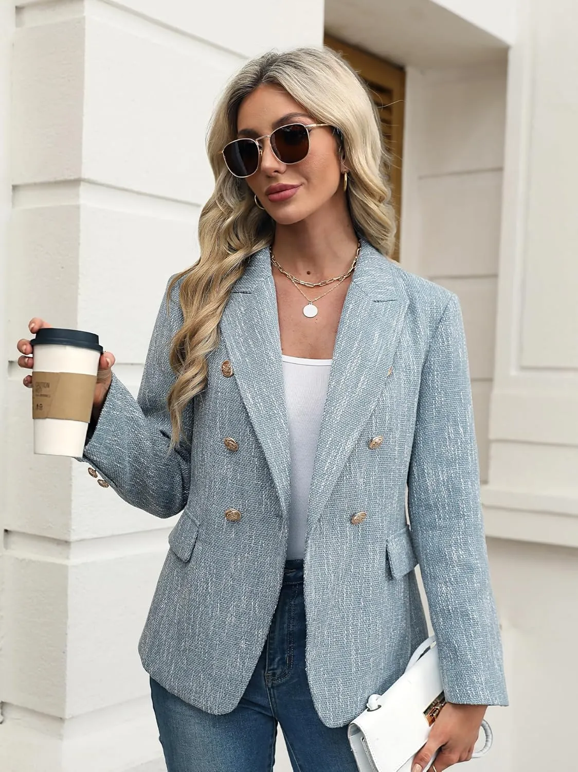 ELLEVEN Women's Tweed Blazers Business Casual - Long Sleeve Double Breasted Jackets Open Front Work Suits
