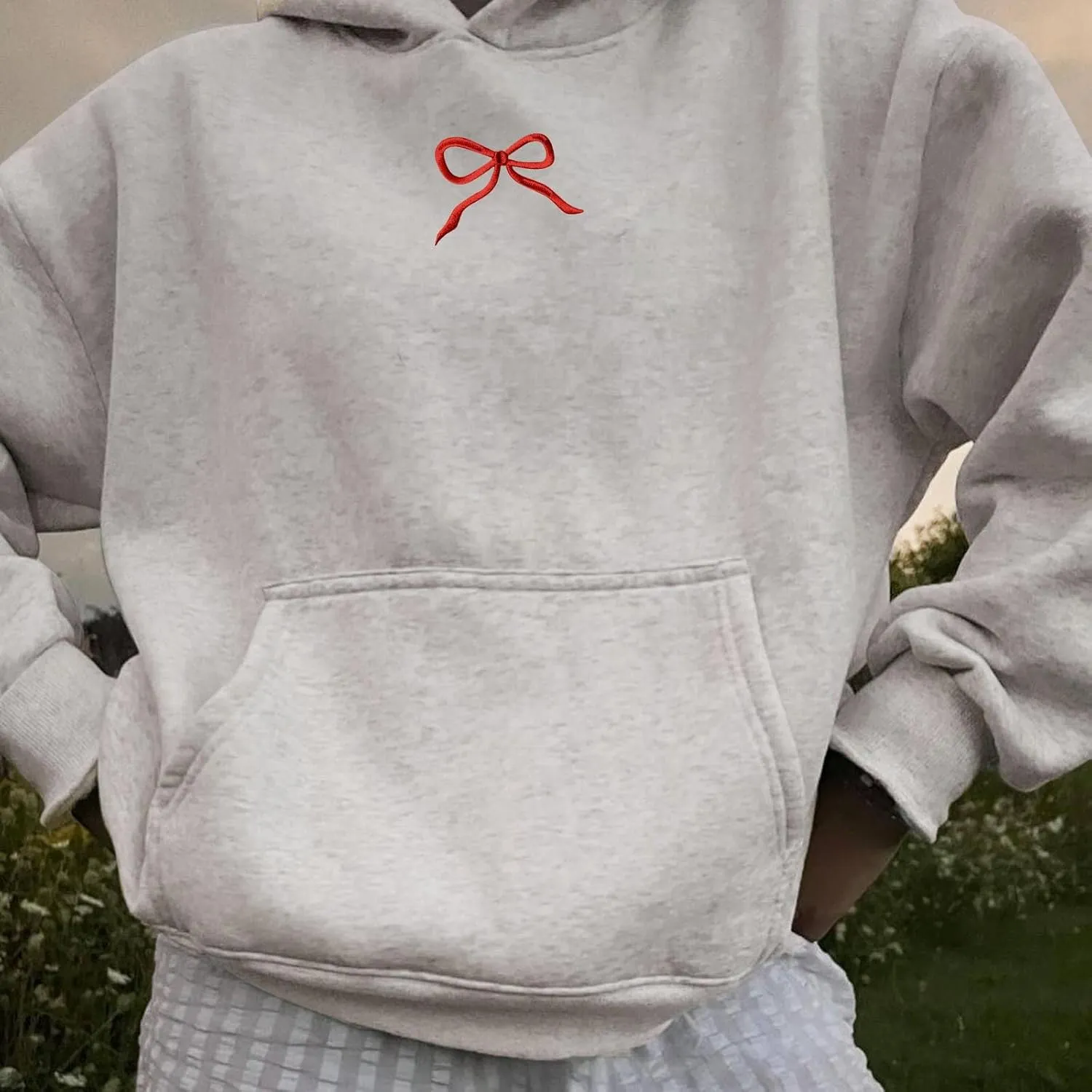 Embroidered Bow Hoodie For Women Trendy Preppy Sweatshirts Aesthetic Hoodies Cute Hoodie Casual Essential Sweater