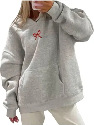 Embroidered Bow Hoodie For Women Trendy Preppy Sweatshirts Aesthetic Hoodies Cute Hoodie Casual Essential Sweater