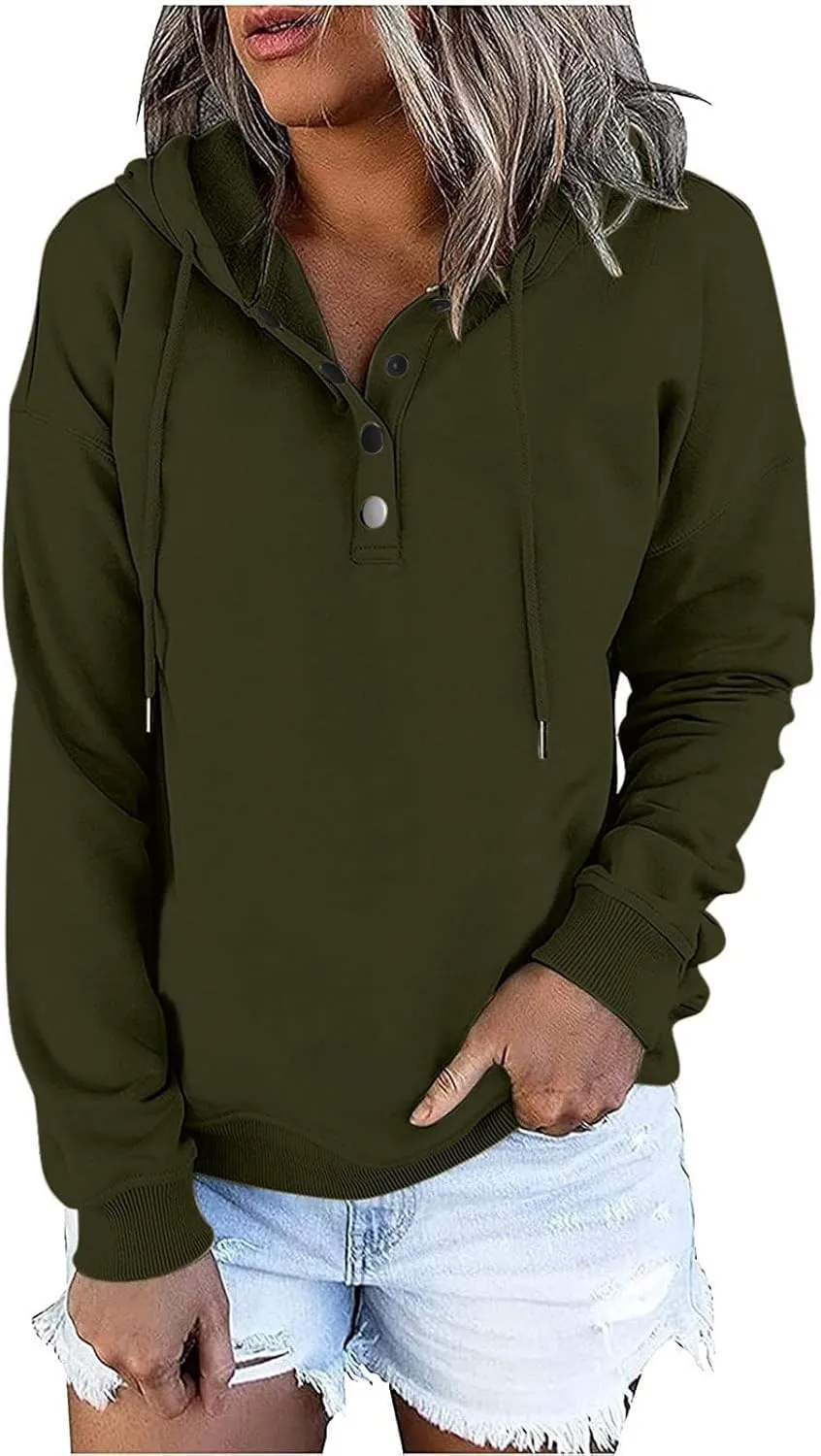 Fall Hoodies For Women Trendy 2024 Causal Long Sleeve Button Down Hooded Sweatshirt Solid Basic Pullover Tops