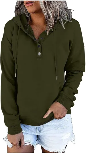 Fall Hoodies For Women Trendy 2024 Causal Long Sleeve Button Down Hooded Sweatshirt Solid Basic Pullover Tops