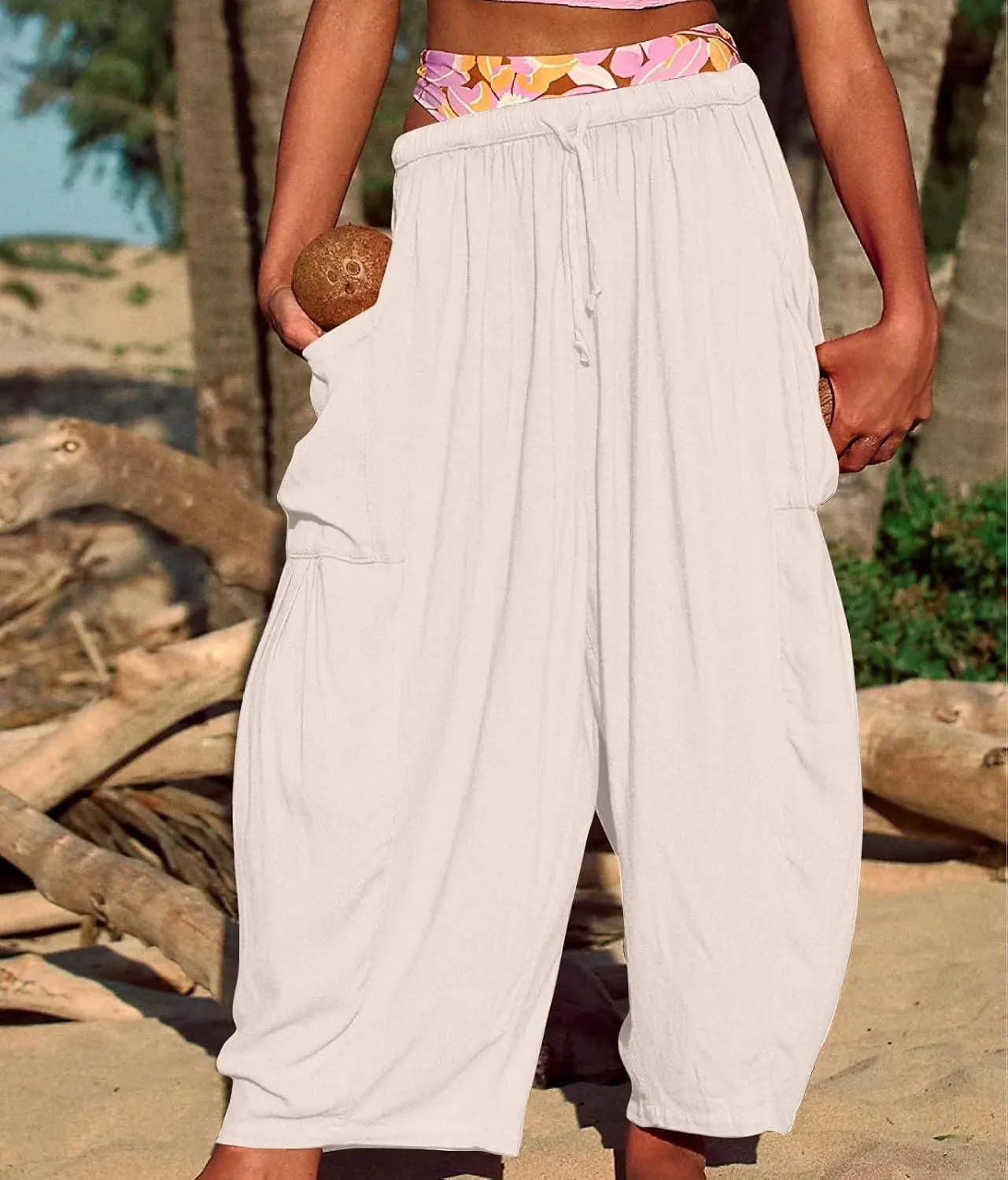 fanmpghleoo Women Linen Palazzo Pants Summer Boho Drawstring Low Waist Beach Harem Pants Casual Wide Leg Lounge Pant Trousers