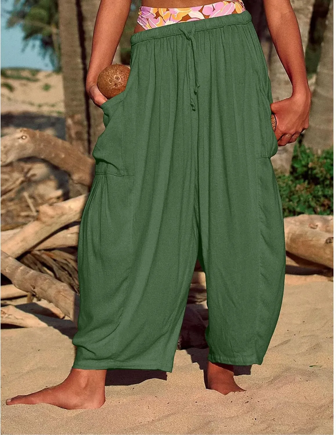 fanmpghleoo Women Linen Palazzo Pants Summer Boho Drawstring Low Waist Beach Harem Pants Casual Wide Leg Lounge Pant Trousers