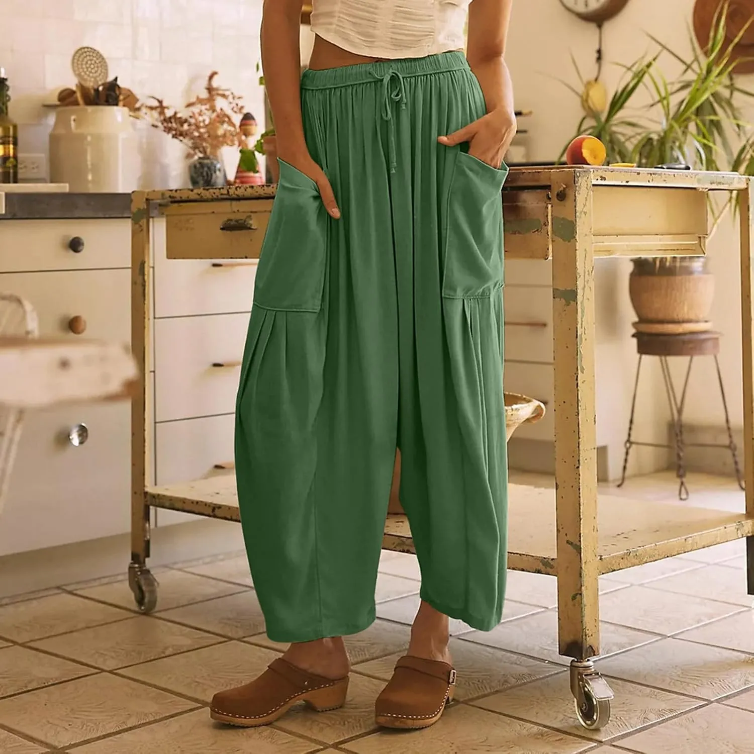 fanmpghleoo Women Linen Palazzo Pants Summer Boho Drawstring Low Waist Beach Harem Pants Casual Wide Leg Lounge Pant Trousers