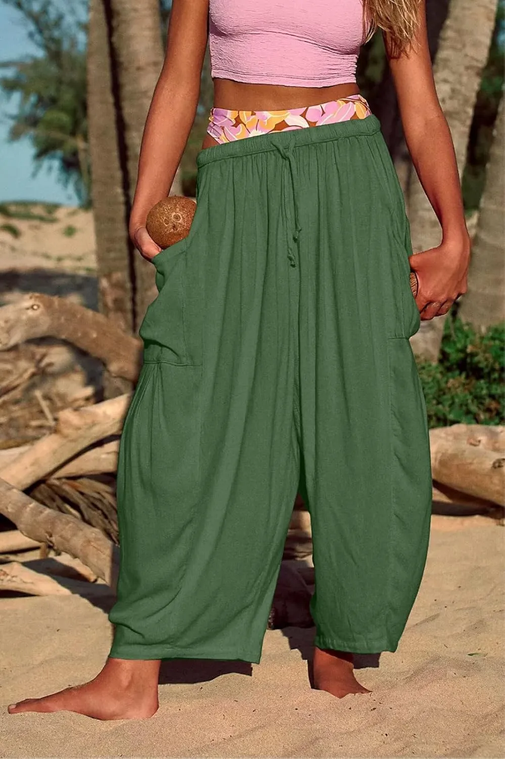 fanmpghleoo Women Linen Palazzo Pants Summer Boho Drawstring Low Waist Beach Harem Pants Casual Wide Leg Lounge Pant Trousers