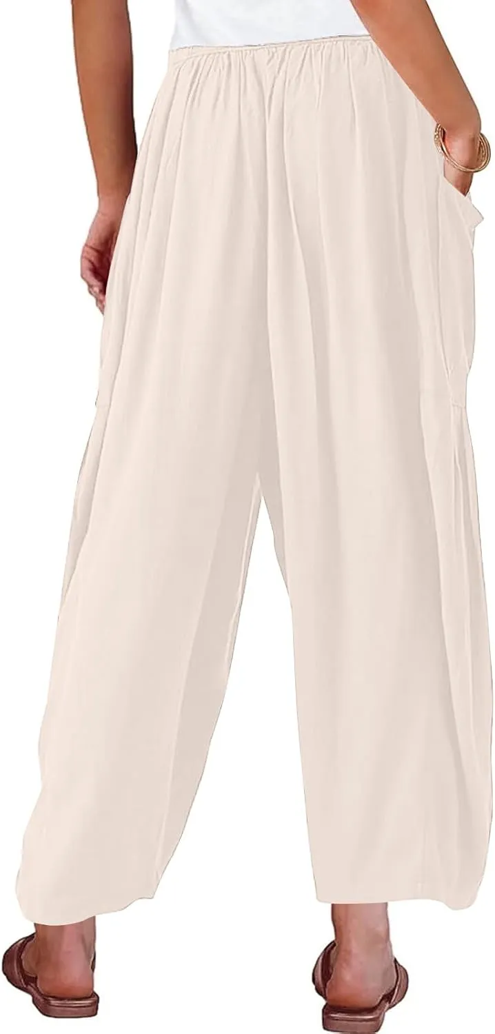 fanmpghleoo Women Linen Palazzo Pants Summer Boho Drawstring Low Waist Beach Harem Pants Casual Wide Leg Lounge Pant Trousers