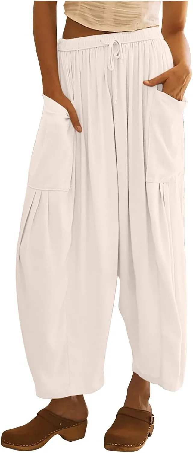 fanmpghleoo Women Linen Palazzo Pants Summer Boho Drawstring Low Waist Beach Harem Pants Casual Wide Leg Lounge Pant Trousers