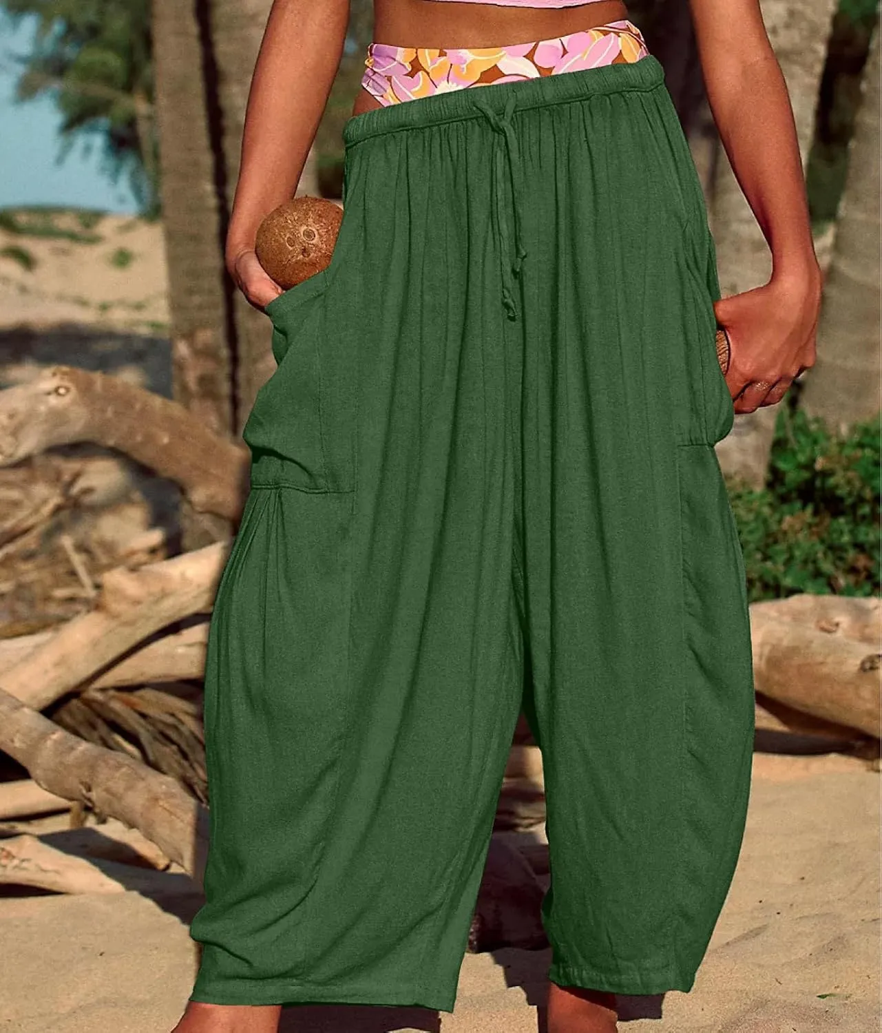 fanmpghleoo Women Linen Palazzo Pants Summer Boho Drawstring Low Waist Beach Harem Pants Casual Wide Leg Lounge Pant Trousers