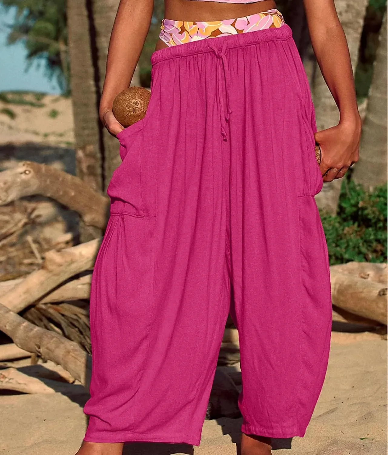 fanmpghleoo Women Linen Palazzo Pants Summer Boho Drawstring Low Waist Beach Harem Pants Casual Wide Leg Lounge Pant Trousers