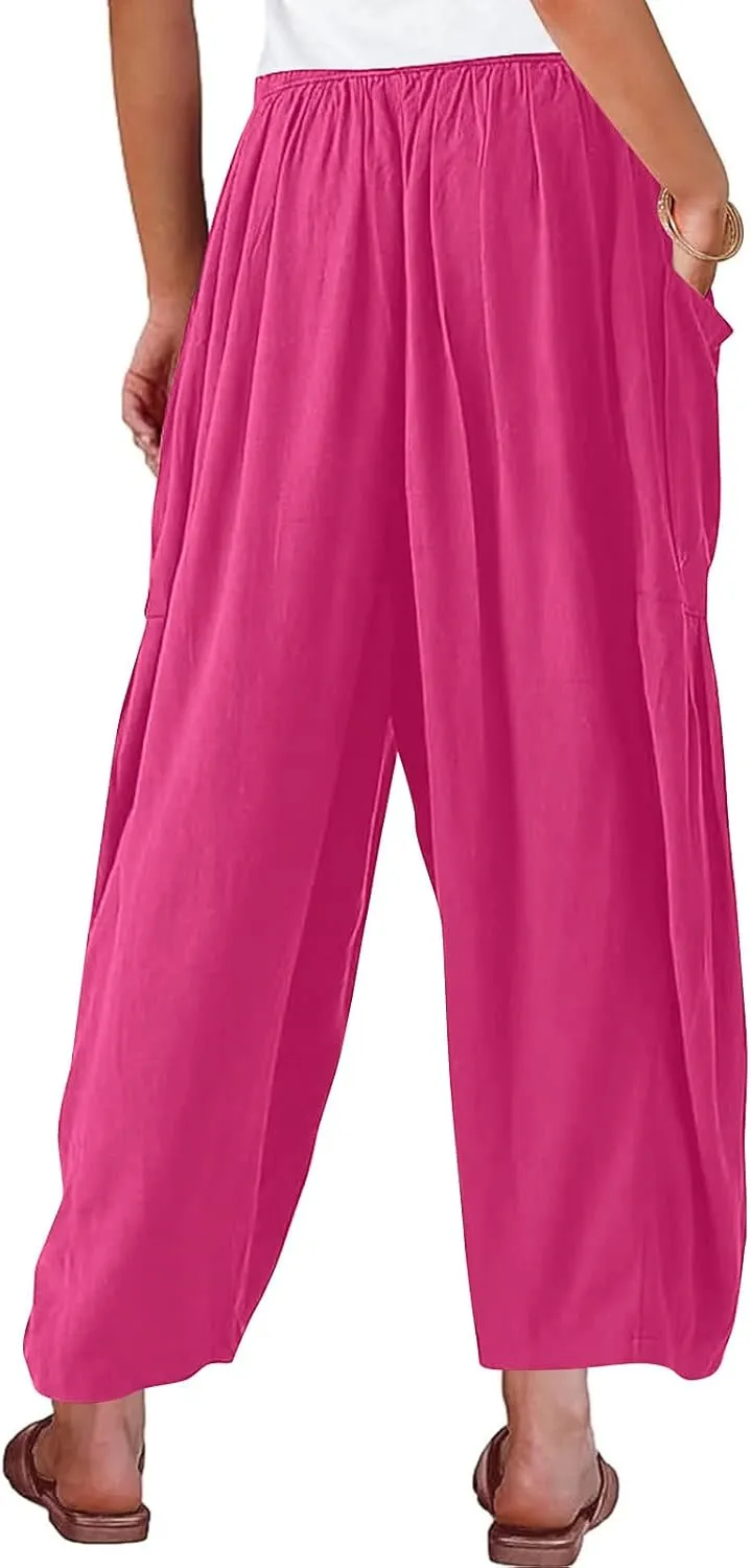 fanmpghleoo Women Linen Palazzo Pants Summer Boho Drawstring Low Waist Beach Harem Pants Casual Wide Leg Lounge Pant Trousers