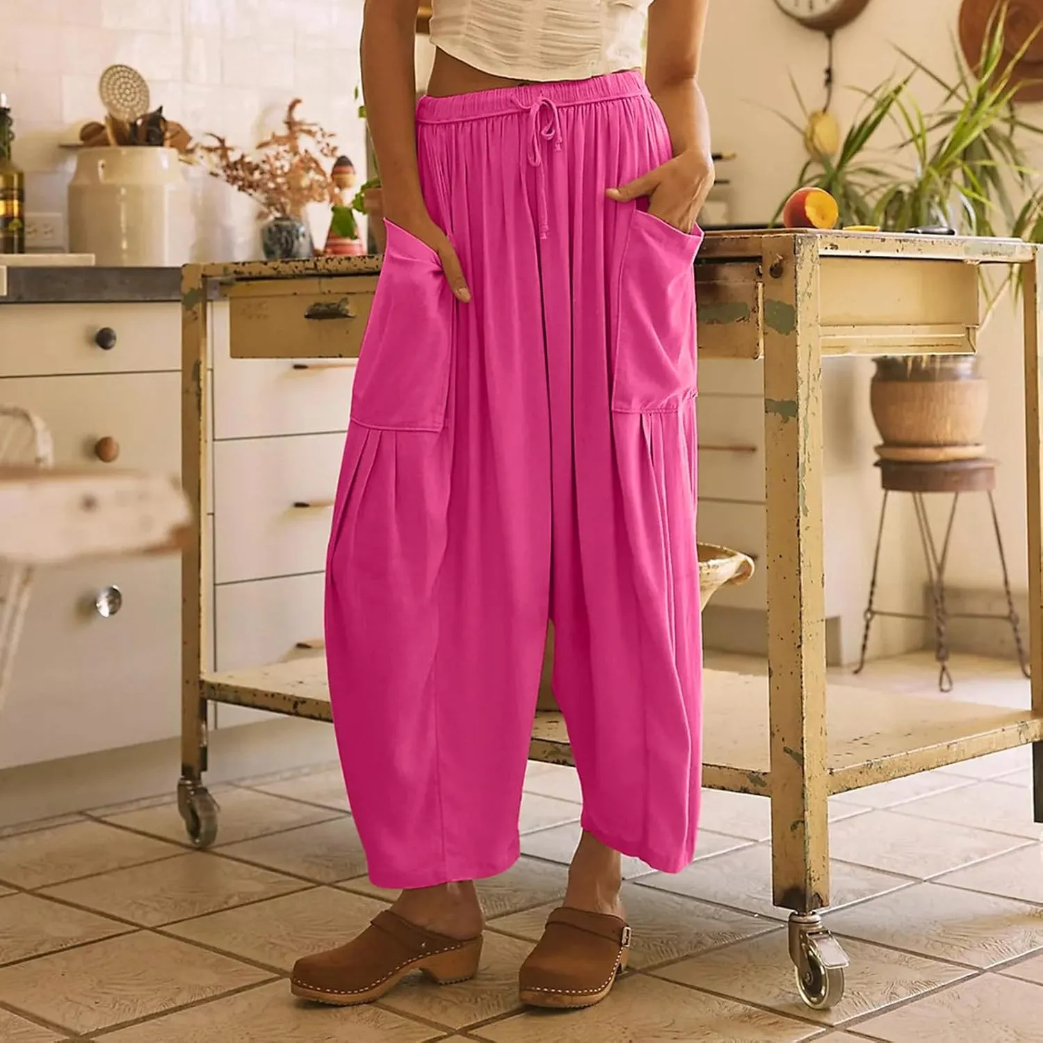 fanmpghleoo Women Linen Palazzo Pants Summer Boho Drawstring Low Waist Beach Harem Pants Casual Wide Leg Lounge Pant Trousers