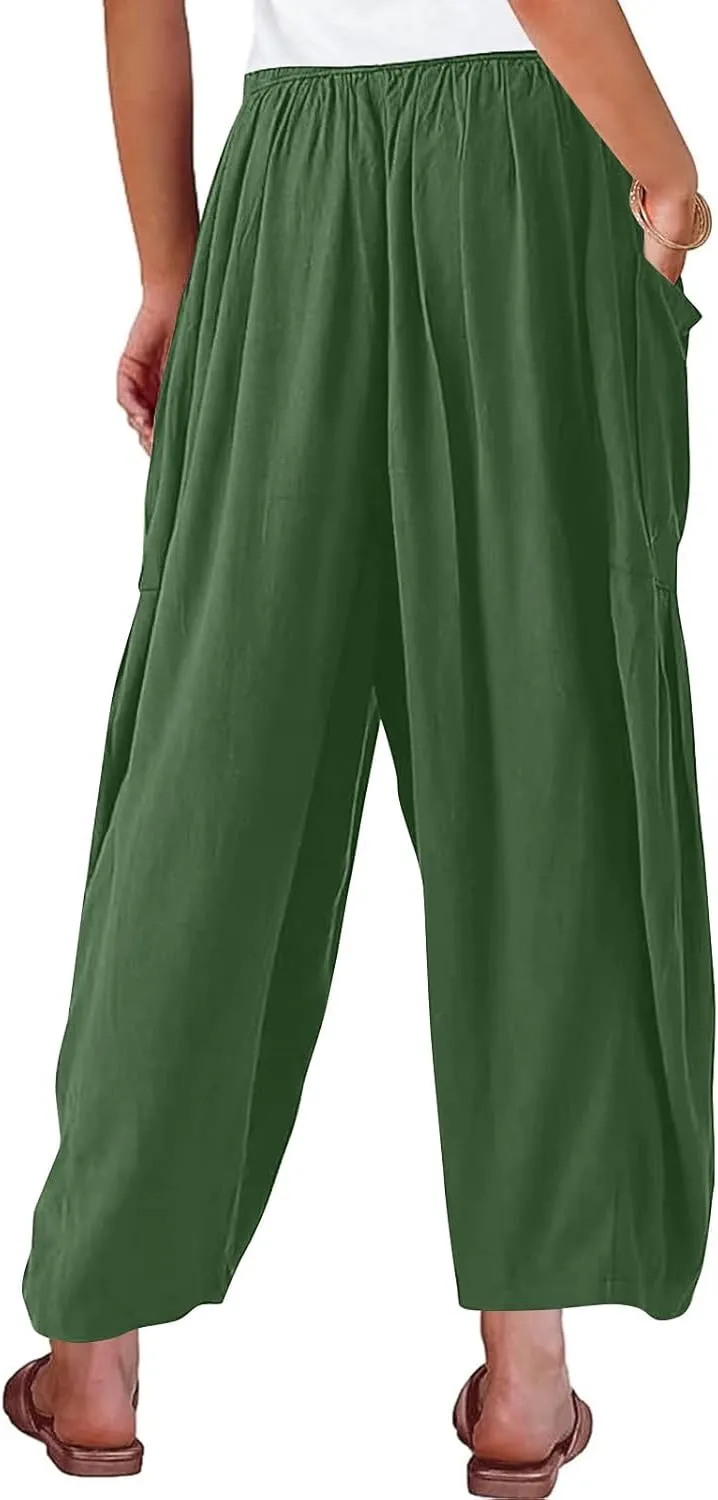 fanmpghleoo Women Linen Palazzo Pants Summer Boho Drawstring Low Waist Beach Harem Pants Casual Wide Leg Lounge Pant Trousers