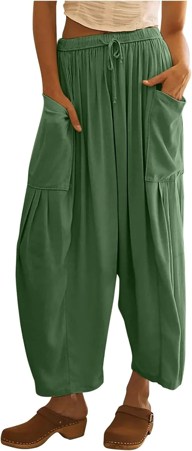 fanmpghleoo Women Linen Palazzo Pants Summer Boho Drawstring Low Waist Beach Harem Pants Casual Wide Leg Lounge Pant Trousers