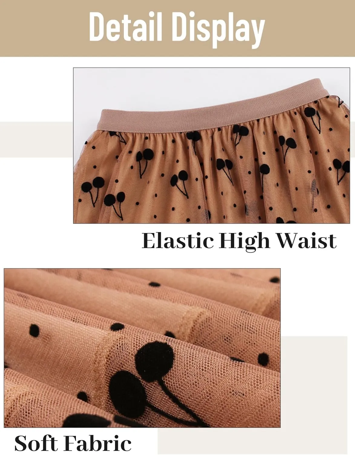 FEOYA Women Tutu Skirts Midi Double Layered Mesh Tulle Skirt 3D Printed Elastic Waist Princess Wedding Evening Prom Skirts