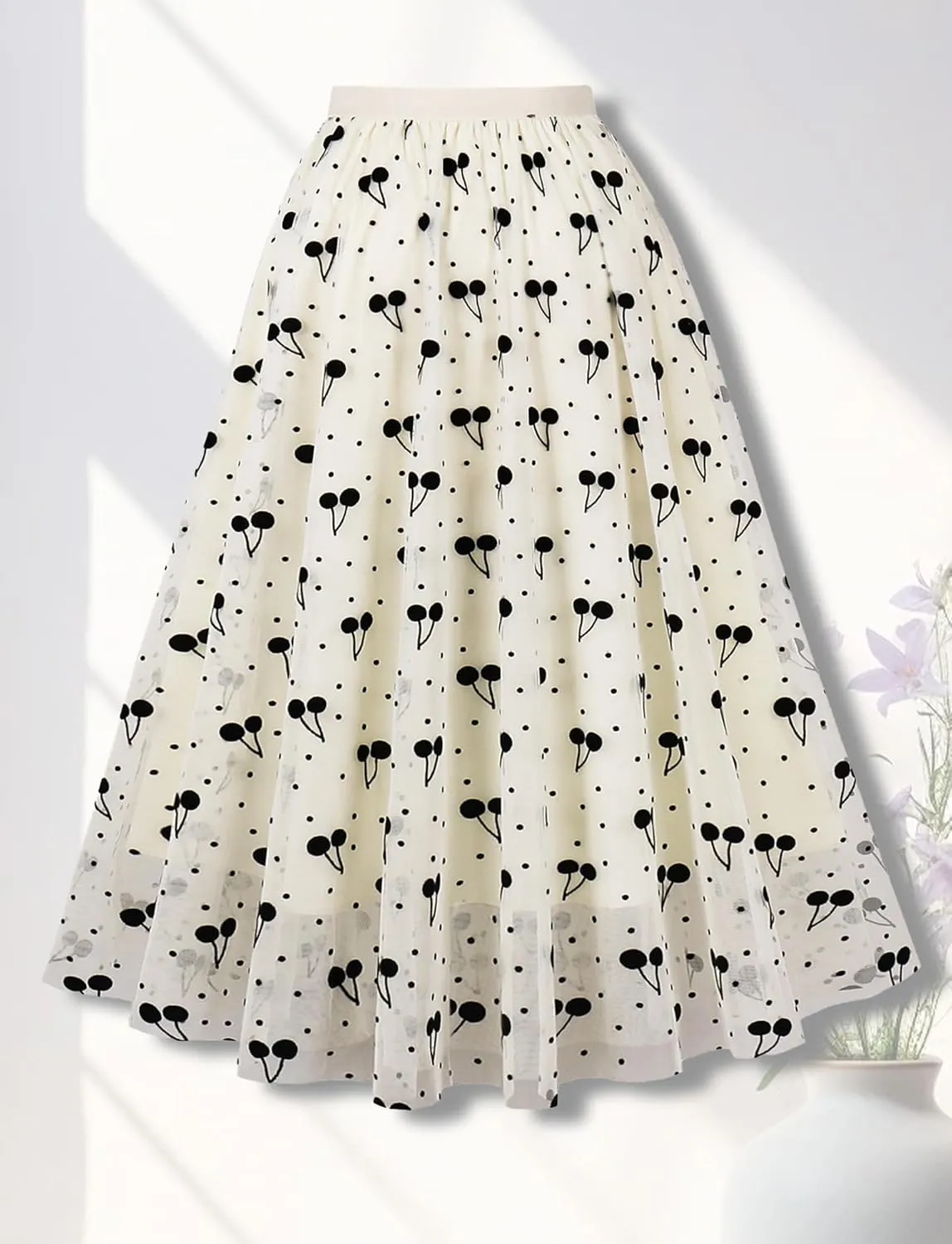 FEOYA Women Tutu Skirts Midi Double Layered Mesh Tulle Skirt 3D Printed Elastic Waist Princess Wedding Evening Prom Skirts