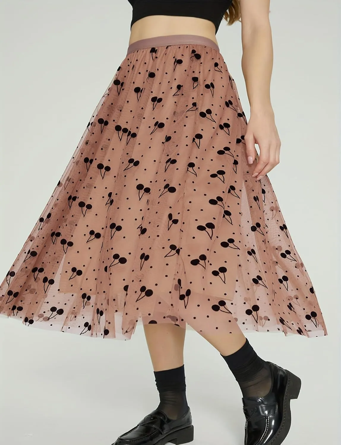 FEOYA Women Tutu Skirts Midi Double Layered Mesh Tulle Skirt 3D Printed Elastic Waist Princess Wedding Evening Prom Skirts