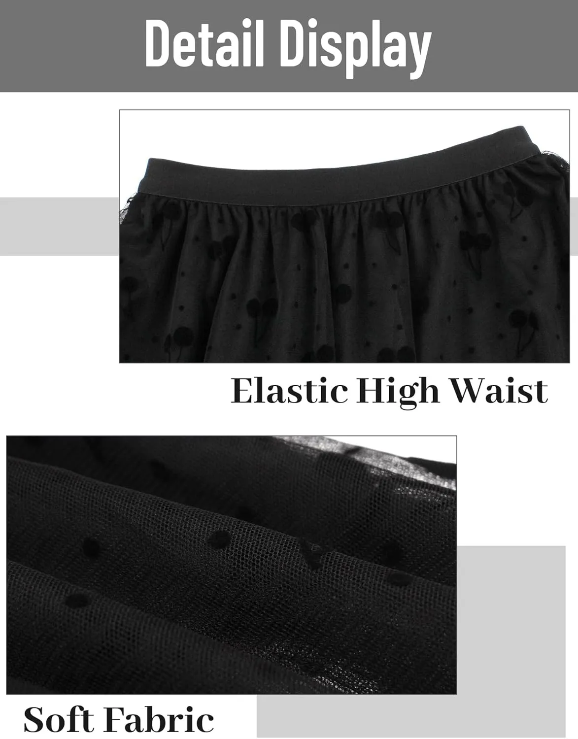 FEOYA Women Tutu Skirts Midi Double Layered Mesh Tulle Skirt 3D Printed Elastic Waist Princess Wedding Evening Prom Skirts