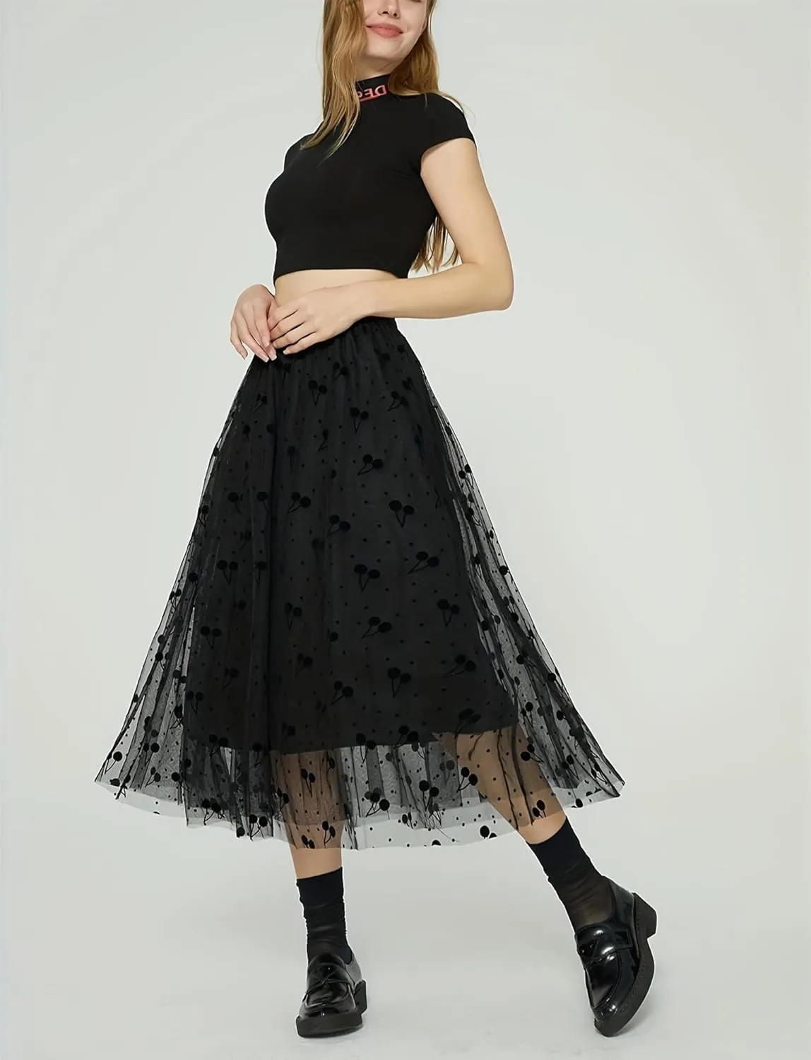 FEOYA Women Tutu Skirts Midi Double Layered Mesh Tulle Skirt 3D Printed Elastic Waist Princess Wedding Evening Prom Skirts