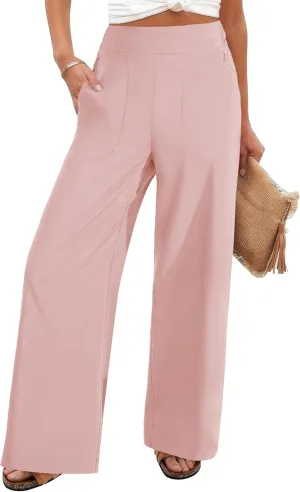 FireSwan Women's Wide Leg Work Pants High Elastic Waist Dress Palazzo Pants Trousers with Zipper Pockets (Pink L)
