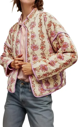 Floral Quilted Jacket for Women Cropped Lightweight Puffer Cardigan Coat Open Front Padded Outwear