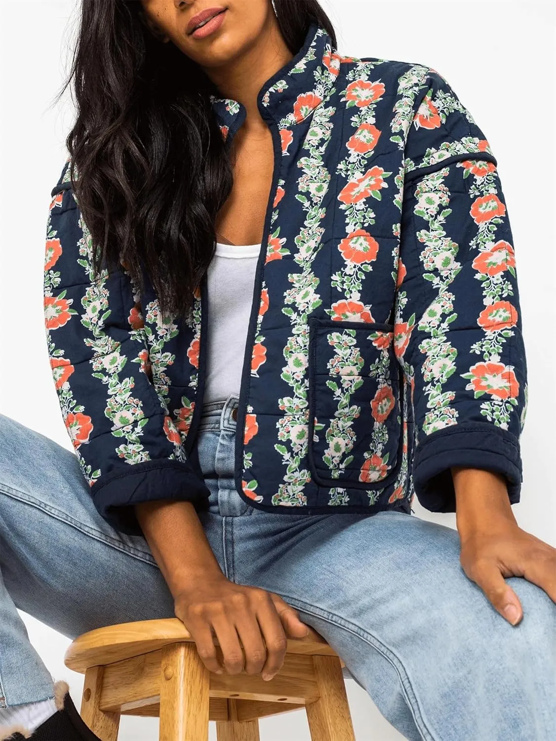 Floral Quilted Jacket for Women Cropped Lightweight Puffer Cardigan Coat Open Front Padded Outwear