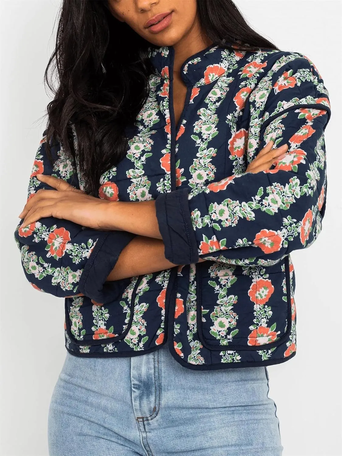 Floral Quilted Jacket for Women Cropped Lightweight Puffer Cardigan Coat Open Front Padded Outwear